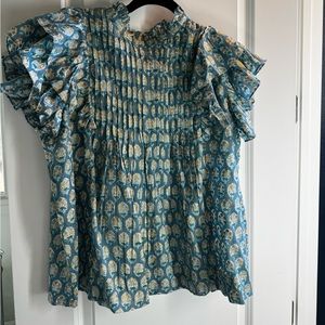 Oliphant Blue and Yellow Ruffle Sleeve Top